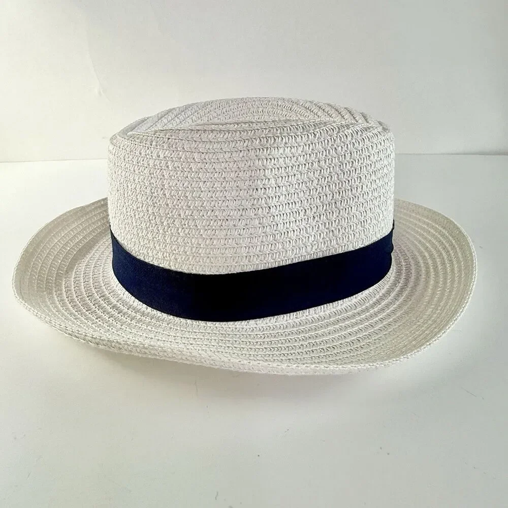 NICE & BELLA Unisex White w/Blue Band Med Brim Panama Woven Fedora Sun Hat